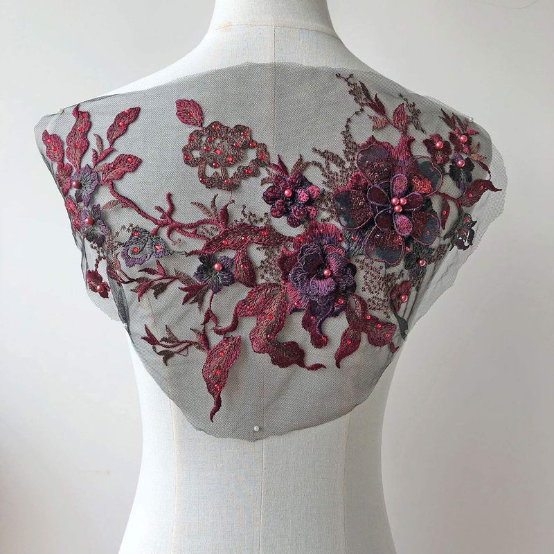 gelvs Blossom 3D Flower Applique, Beaded Sequins Flower LACE Patch Bridal Wedding Dress Embossed Beading Embroidery lace Appliques Motif Sewing Craft (Burgundy) - Image 3